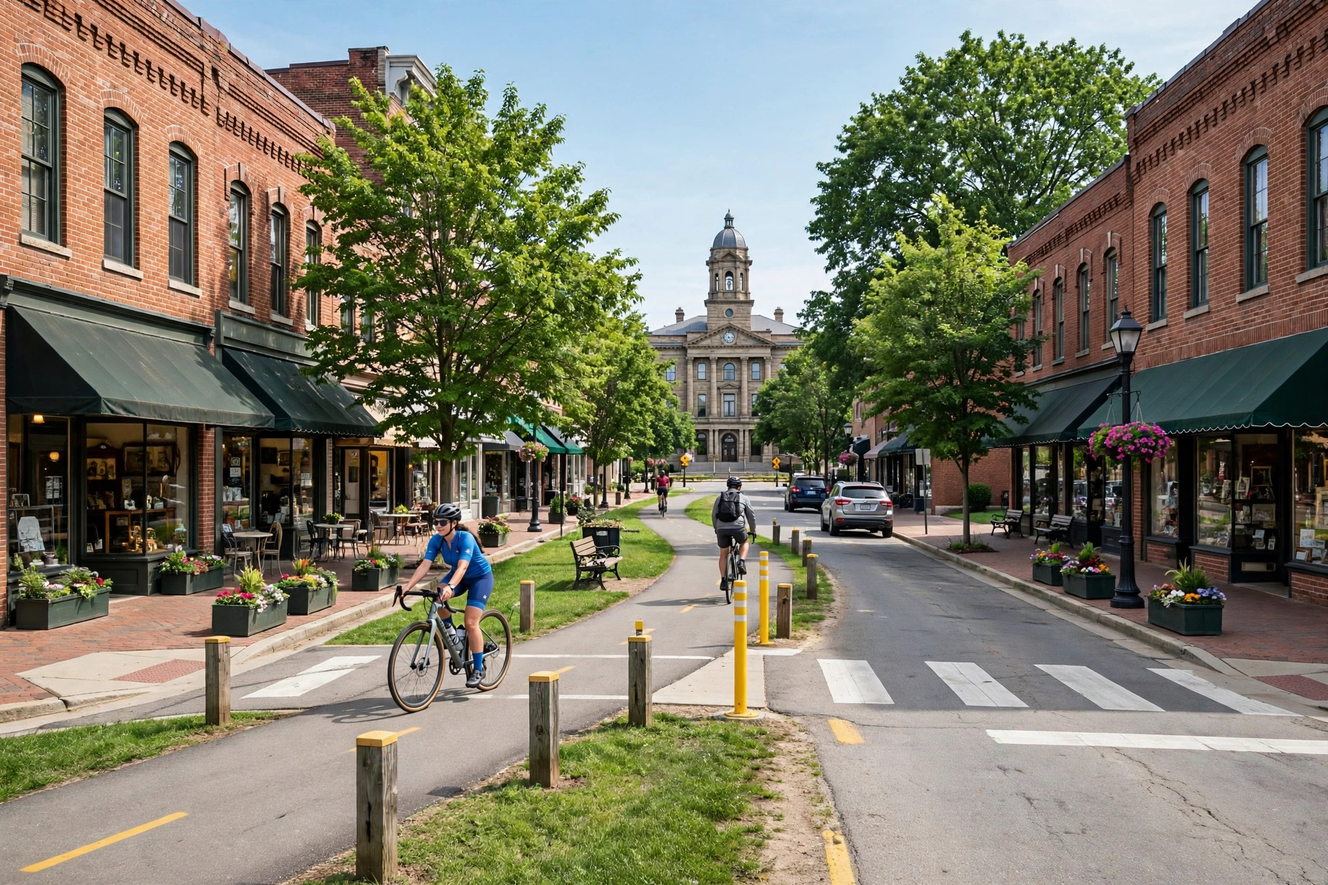 Paved rail-trail crossing through downtown Xenia with cyclists riding past brick storefronts