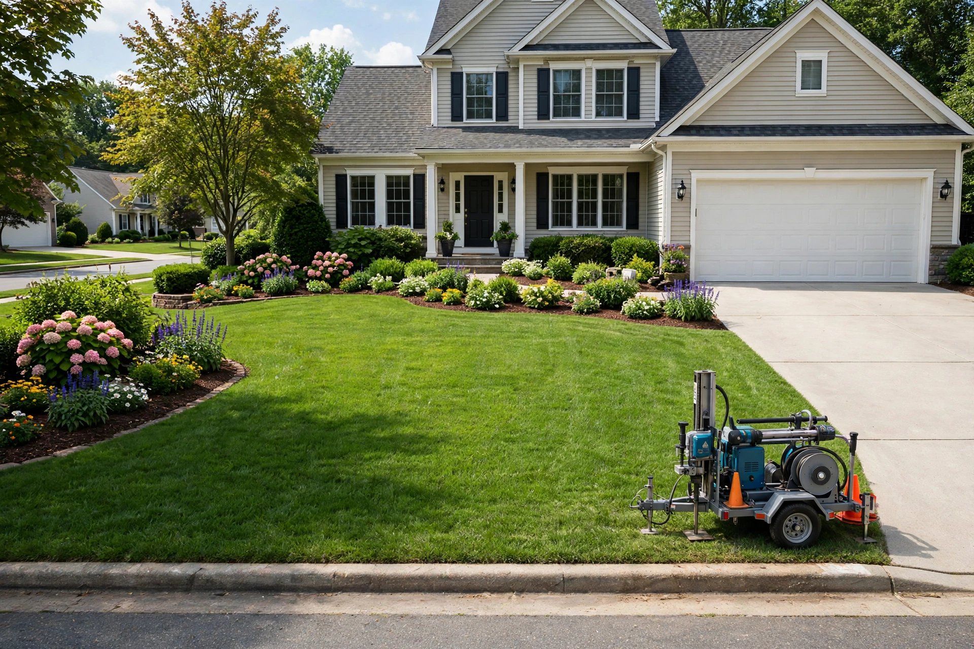 Beautiful undisturbed front yard with no trench damage after a trenchless sewer repair
