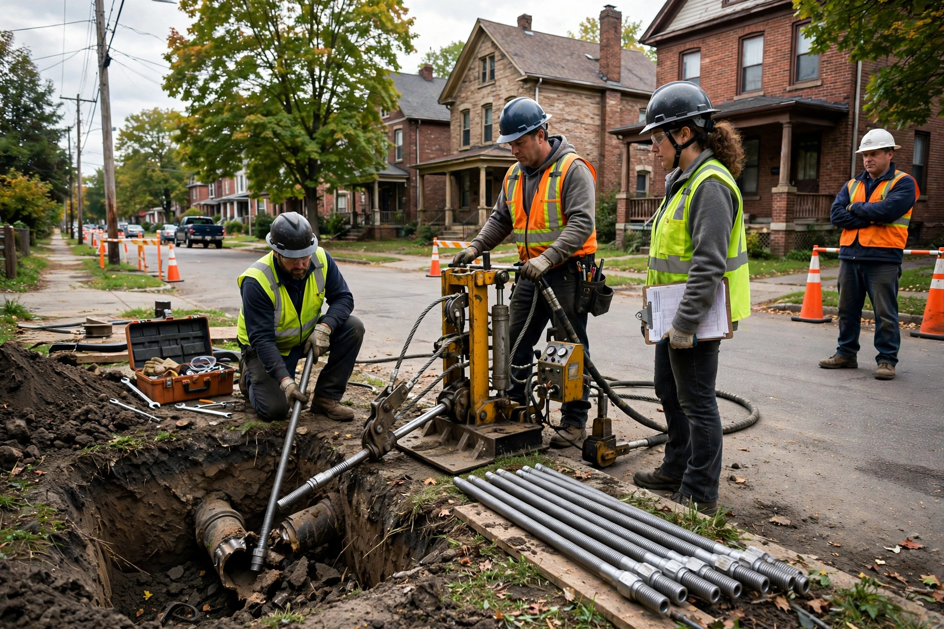 Trenchless pipe-bursting crew working on a Youngstown, Ohio residential street with early-1900s brick houses in the background