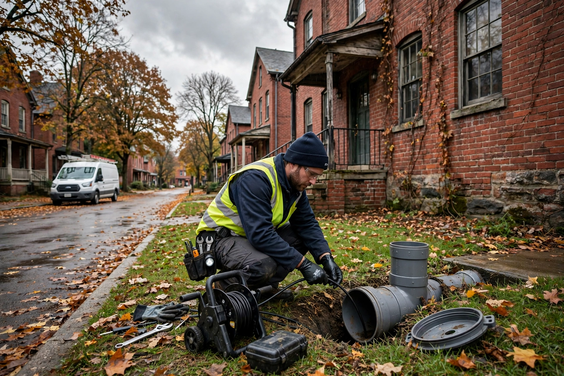Technician requirementding a sewer camera cable into a cleanout beside an early-1900s brick mill-era home in Youngstown, Ohio