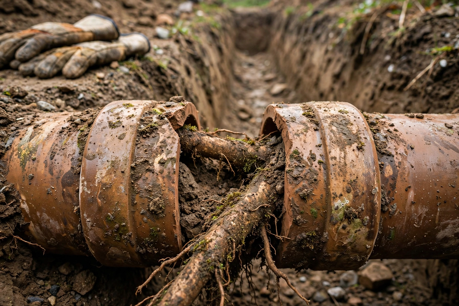 Excavated vitrified clay tile sewer pipe with tree roots intruding through the joints, the classic Mahoning Valley lateral