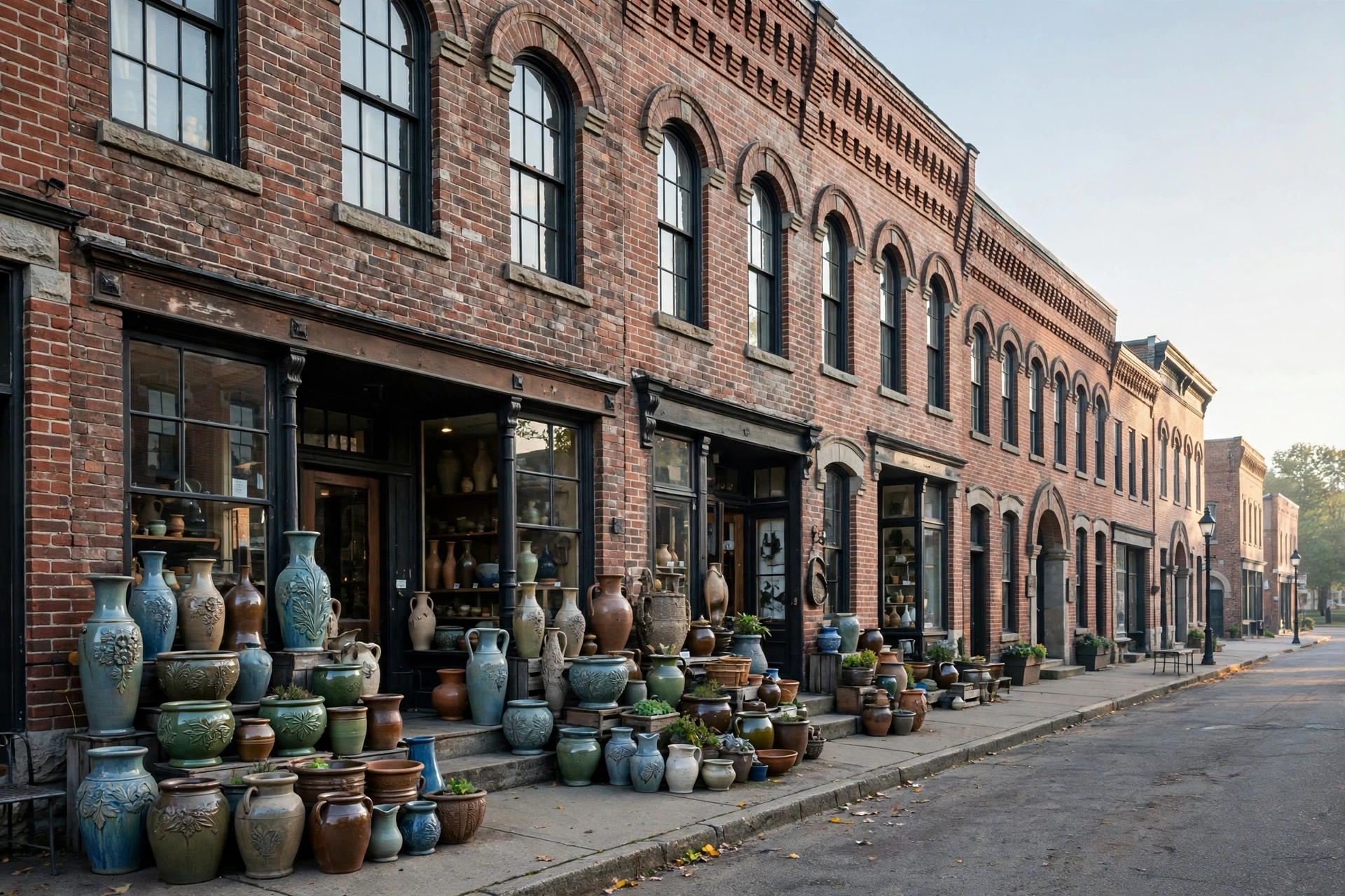 Historic pottery shop street in Zanesville with brick buildings and decorative clay vases, the Pottery Capital of the World