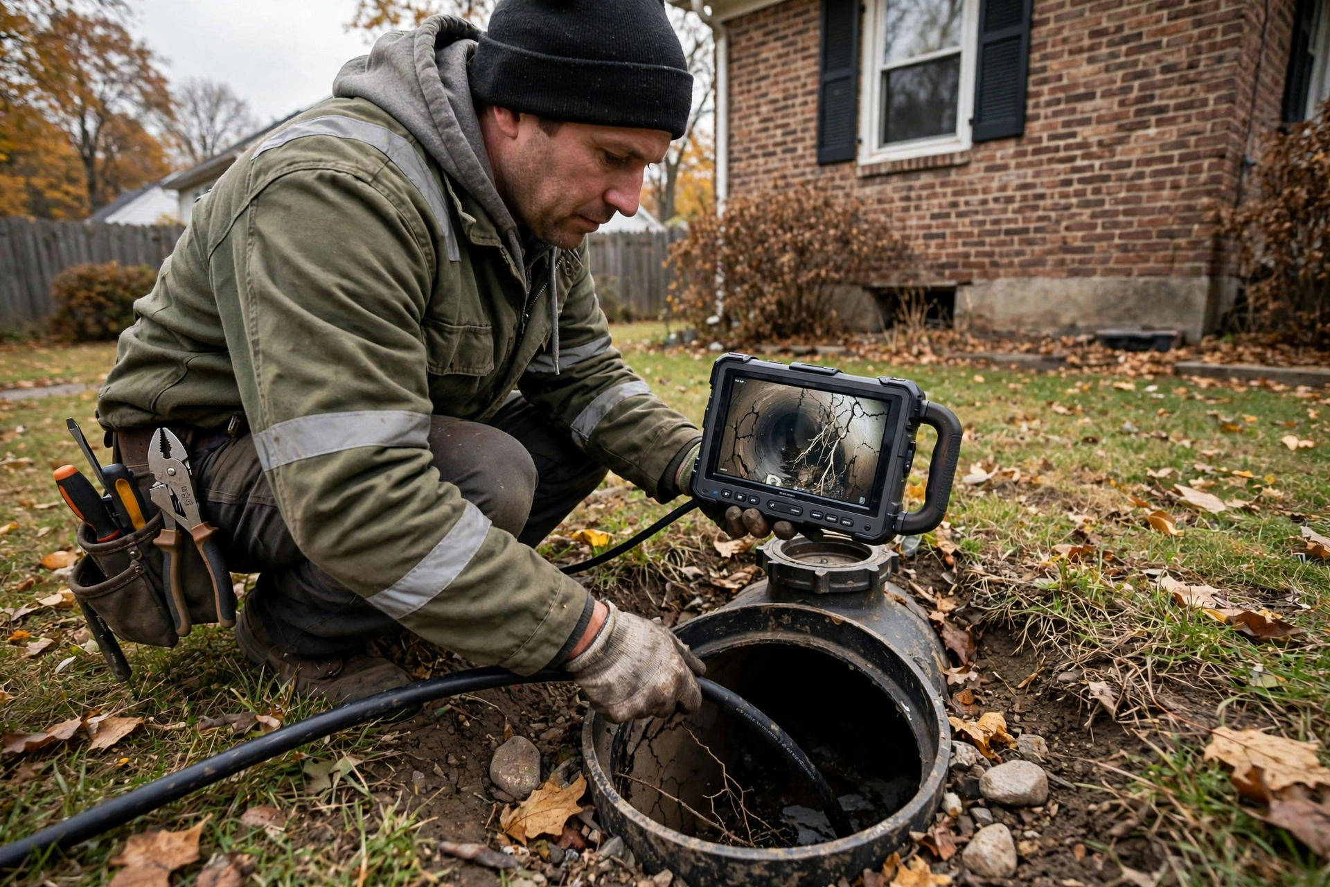 Technician requirementding a sewer camera cable into a cleanout at an older brick Zanesville home, monitor showing the pipe interior
